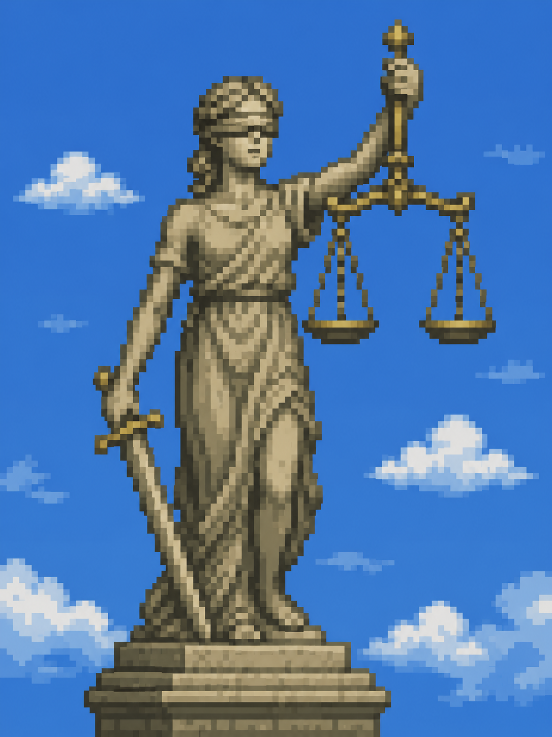 Representação pixelada de Justitia vendada, com espada e balança, diante de um céu azul